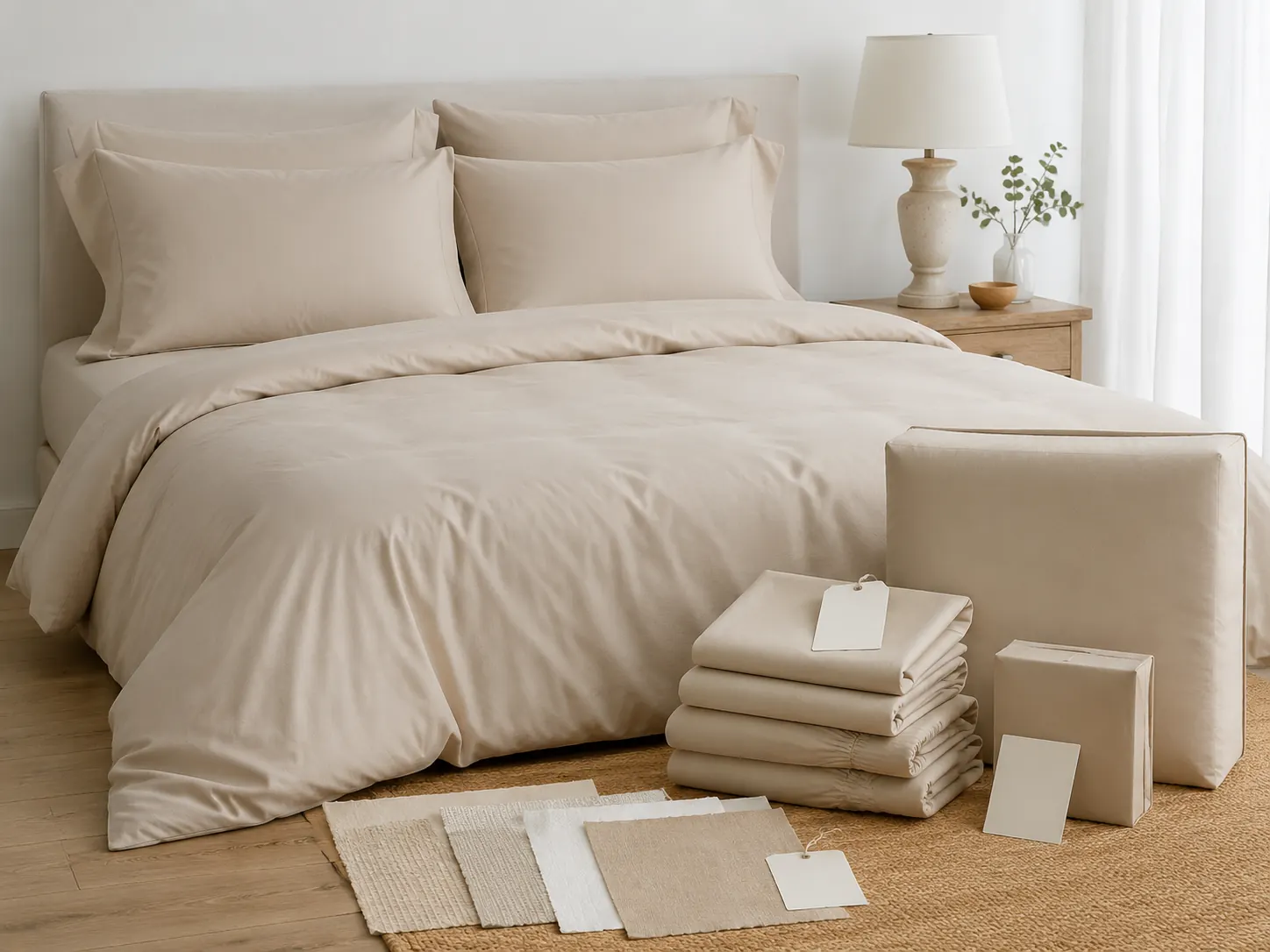 Custom bedding set with fabric swatches, labels, and packaging samples from Aida Textiles