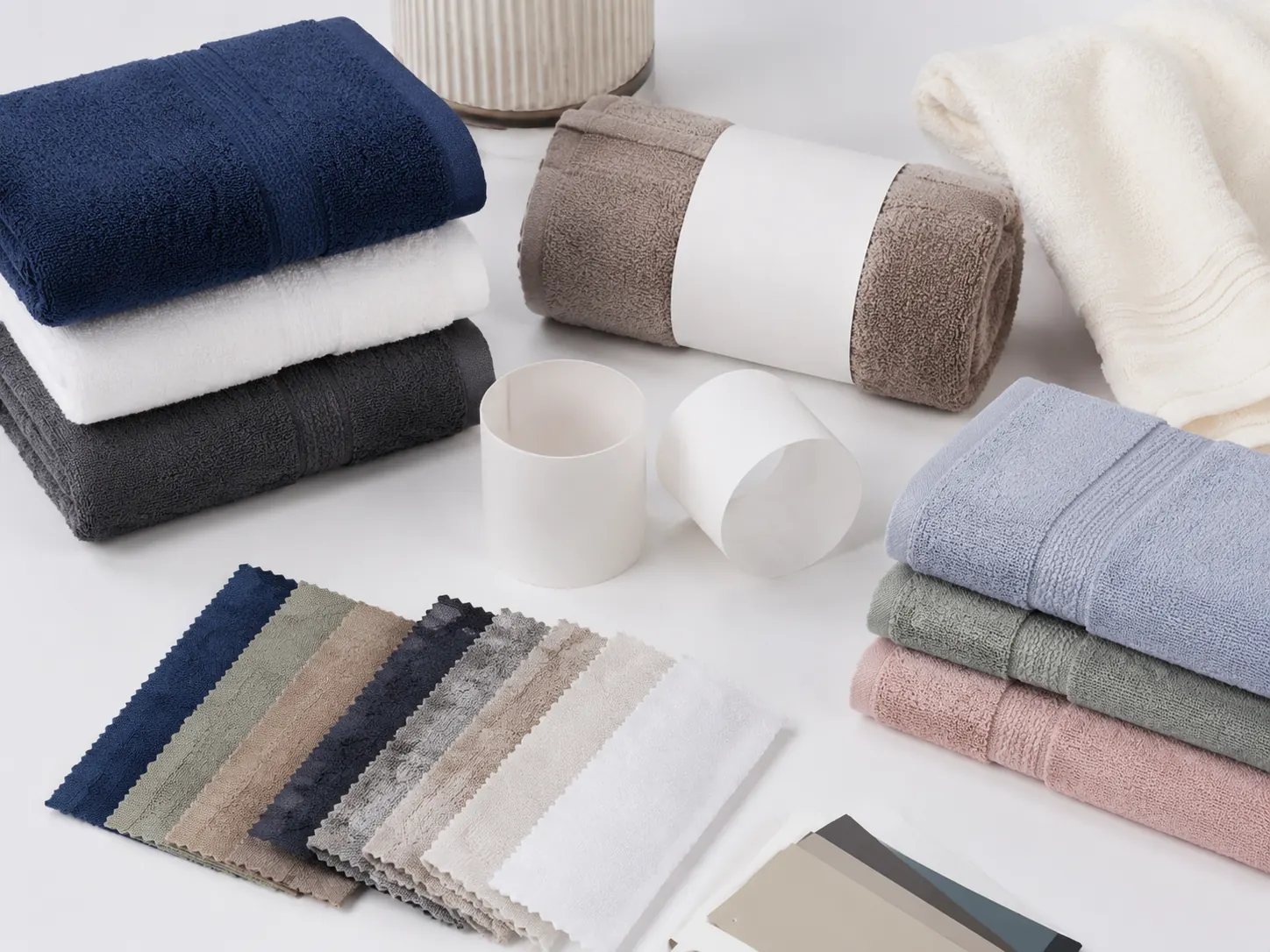 Custom cotton bath towel, beach towel, and fabric swatches from Aida Textiles