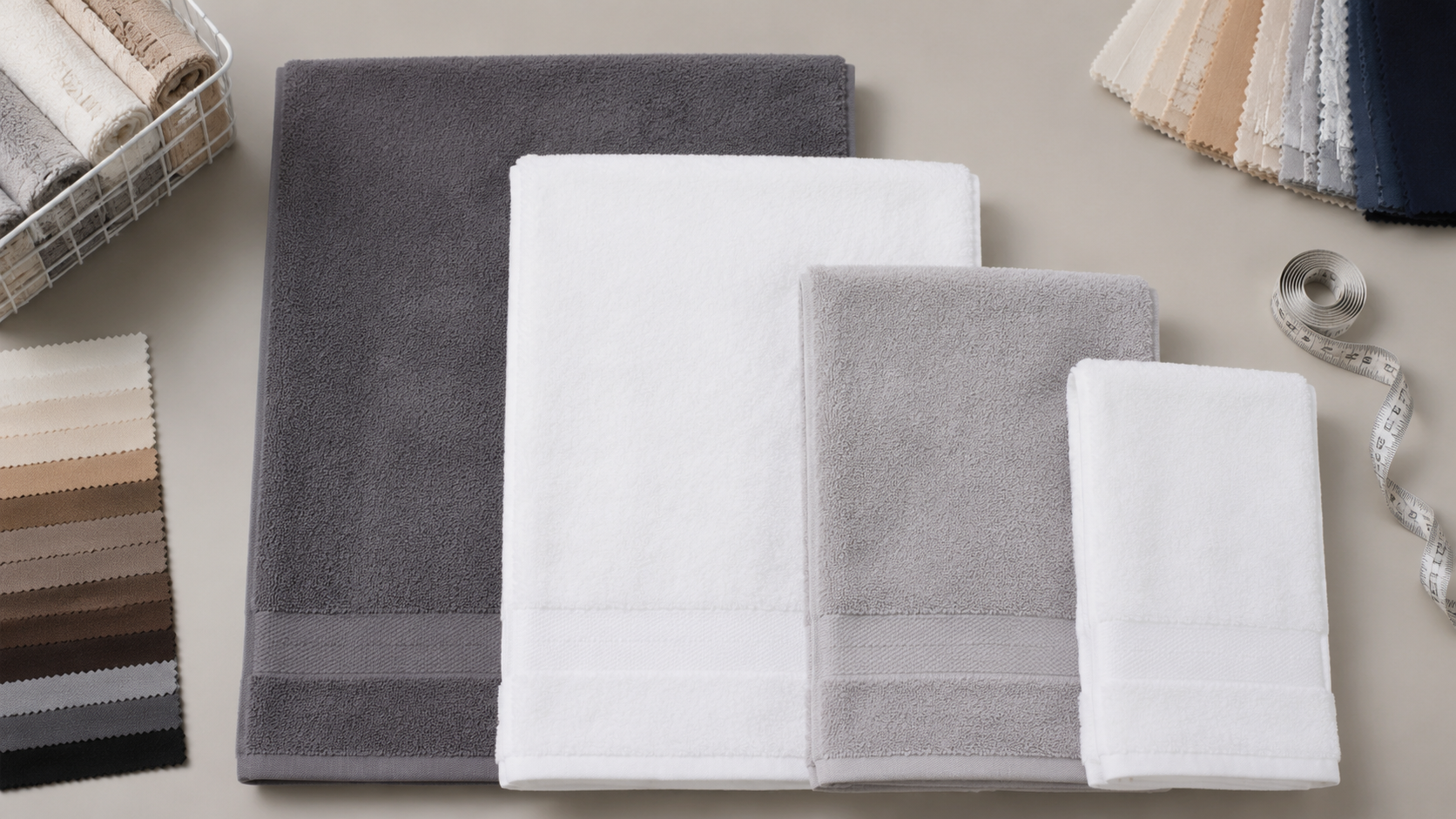 Bath towel, bath sheet, hand towel, and face towel samples arranged with measuring tape for wholesale size comparison
