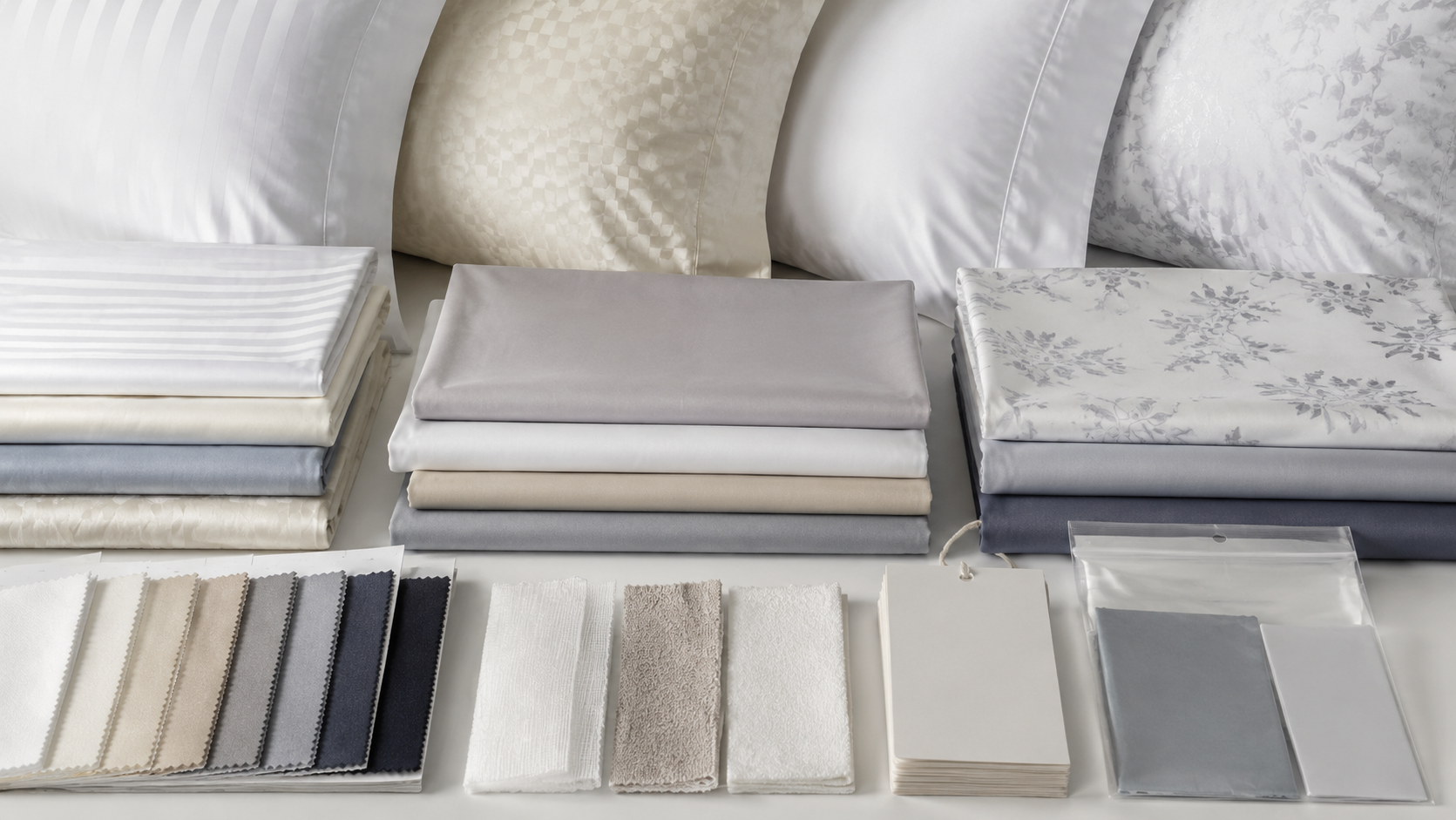 Bedding fabric swatches and packaging samples for B2B buyers