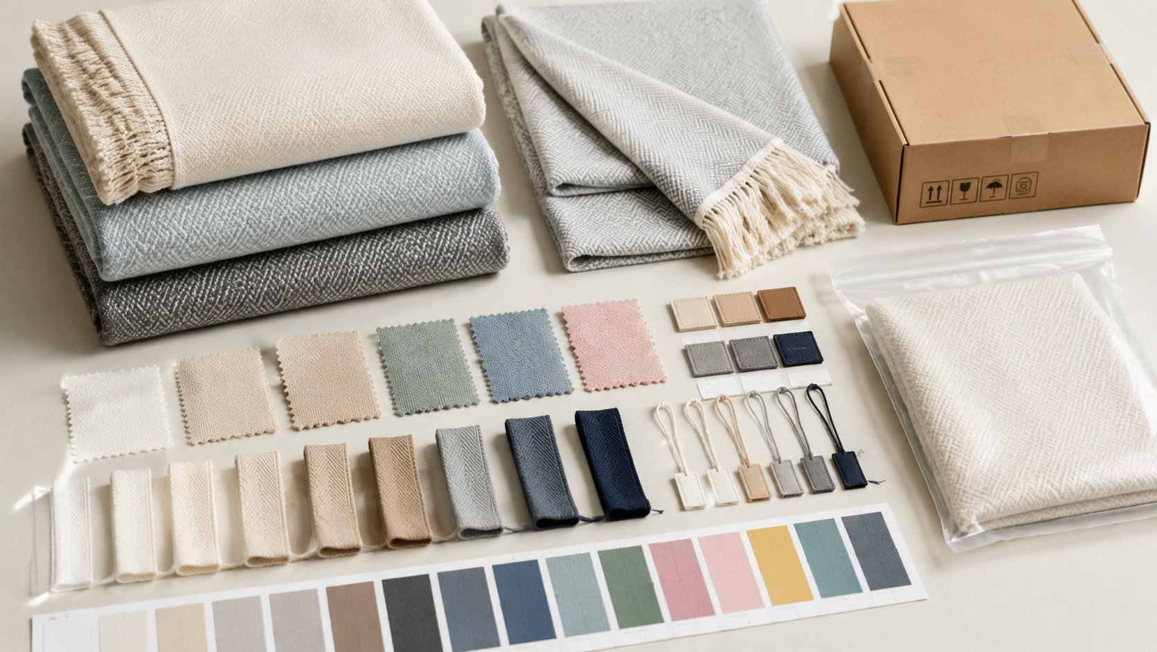 Blanket sourcing samples with swatches, edge details, and packaging