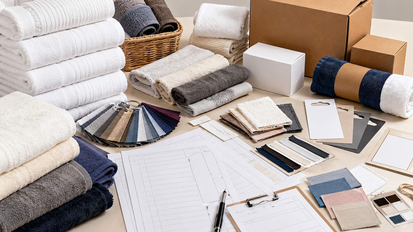 Custom towel manufacturer comparison with towel samples, packaging boxes, color swatches, and specification sheets