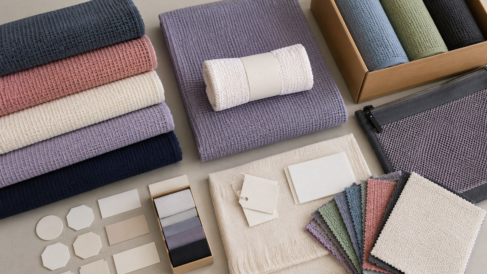 Custom yoga towels, waffle towel samples, color swatches, and packaging for wholesale sourcing