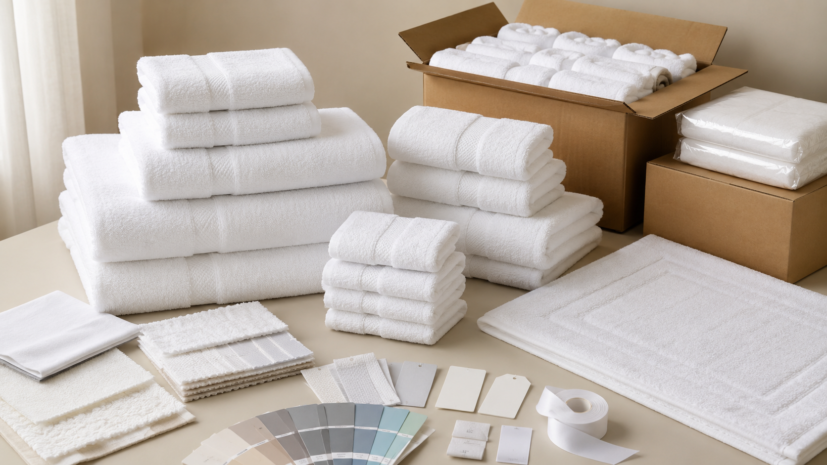Hotel towel wholesale sourcing desk with towel stacks, size samples, color cards, packaging boxes, and carton planning notes