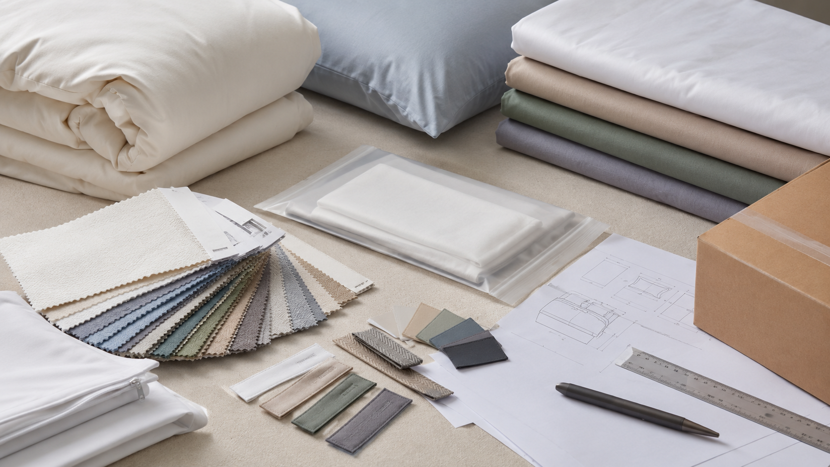 Bedding samples, color cards, measuring tape, and packaging prototypes for supplier selection