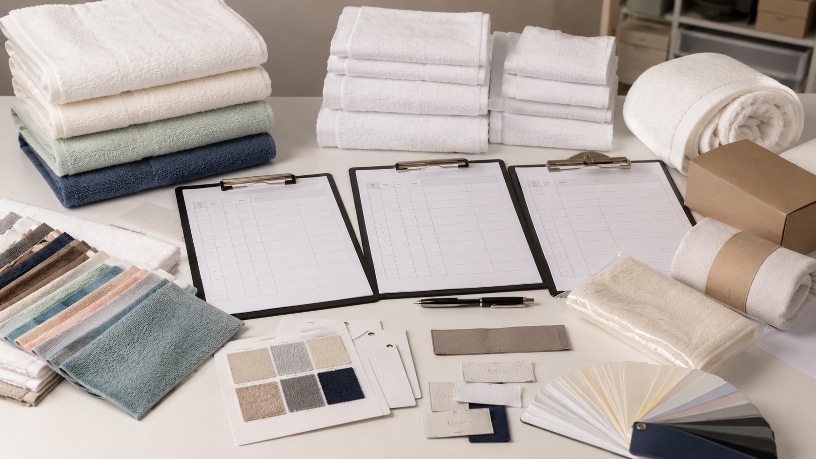 Folded towels, swatches, and packaging for towel supplier selection guide