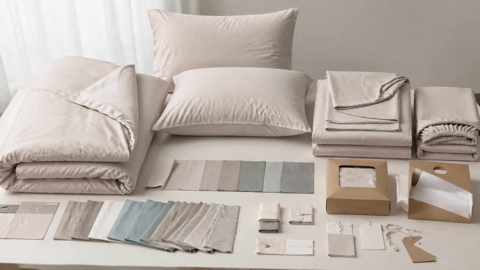 Bedding set components with fabric swatches and packaging samples