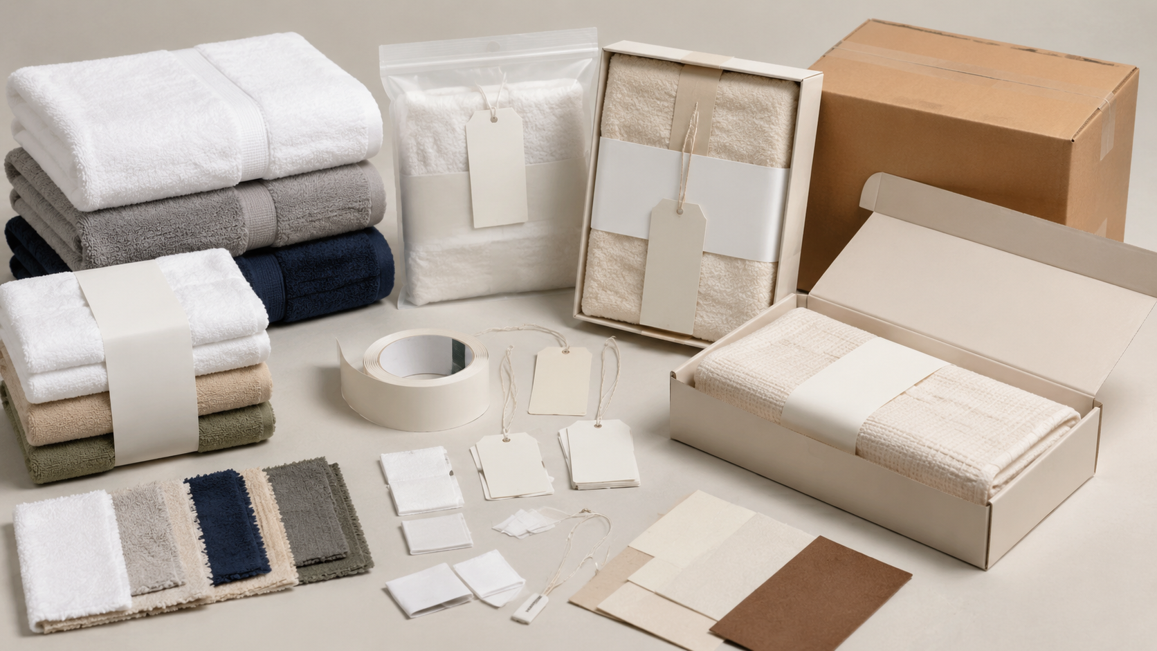 Face towel private label packaging planning with small towels, labels, bags, and cartons