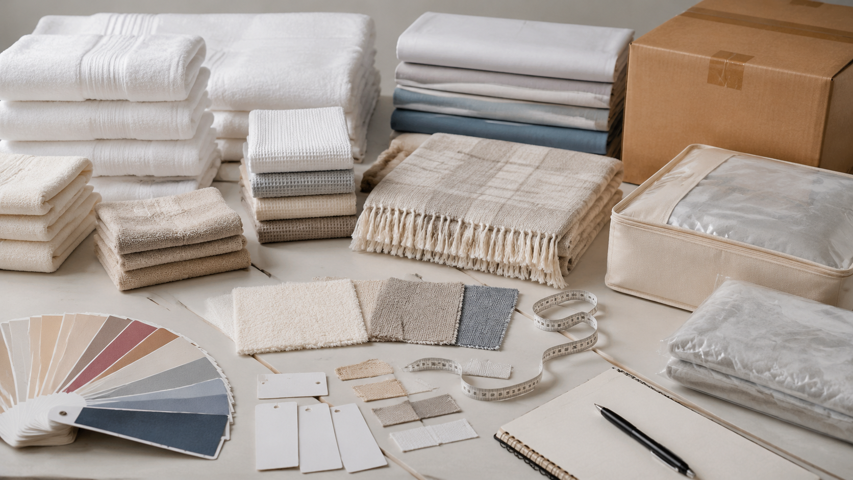 Textile inspection table with samples, labels, measuring tools, and carton checks
