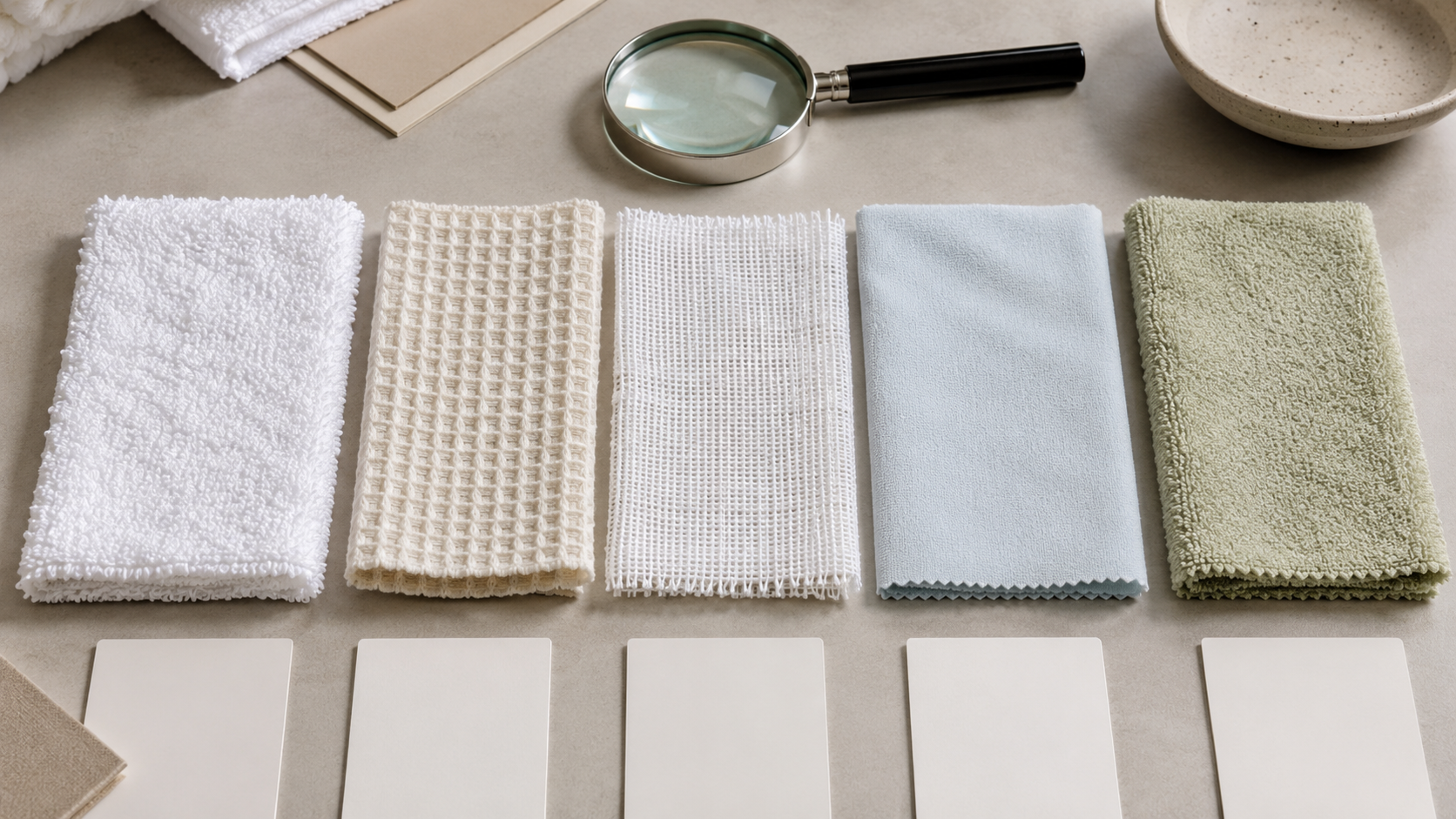 Close-up towel material comparison with terry, waffle, gauze, smooth, and textured samples