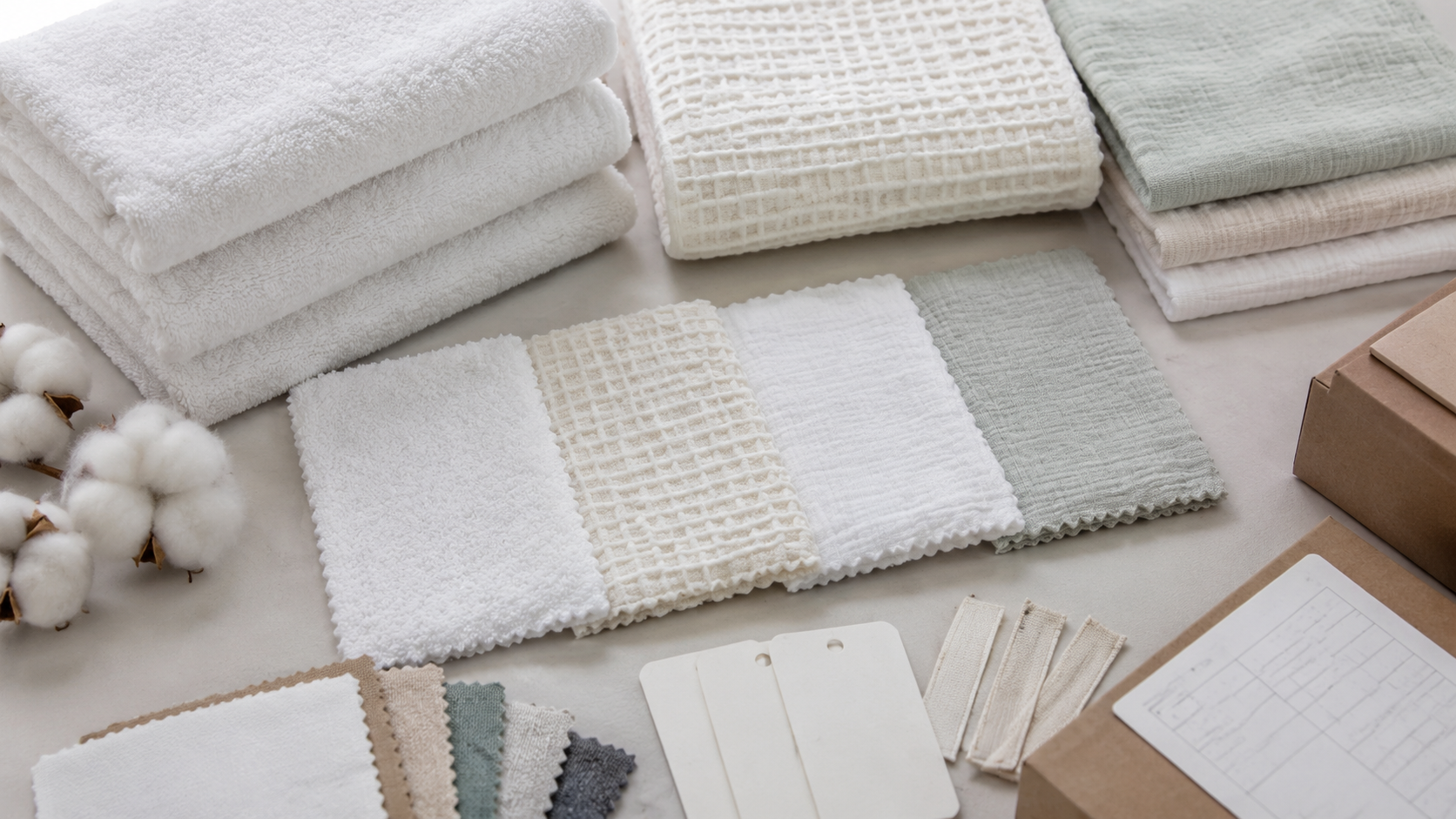 Towel material comparison with cotton terry, waffle cotton, gauze cotton, blended towel swatches, labels, and packaging samples