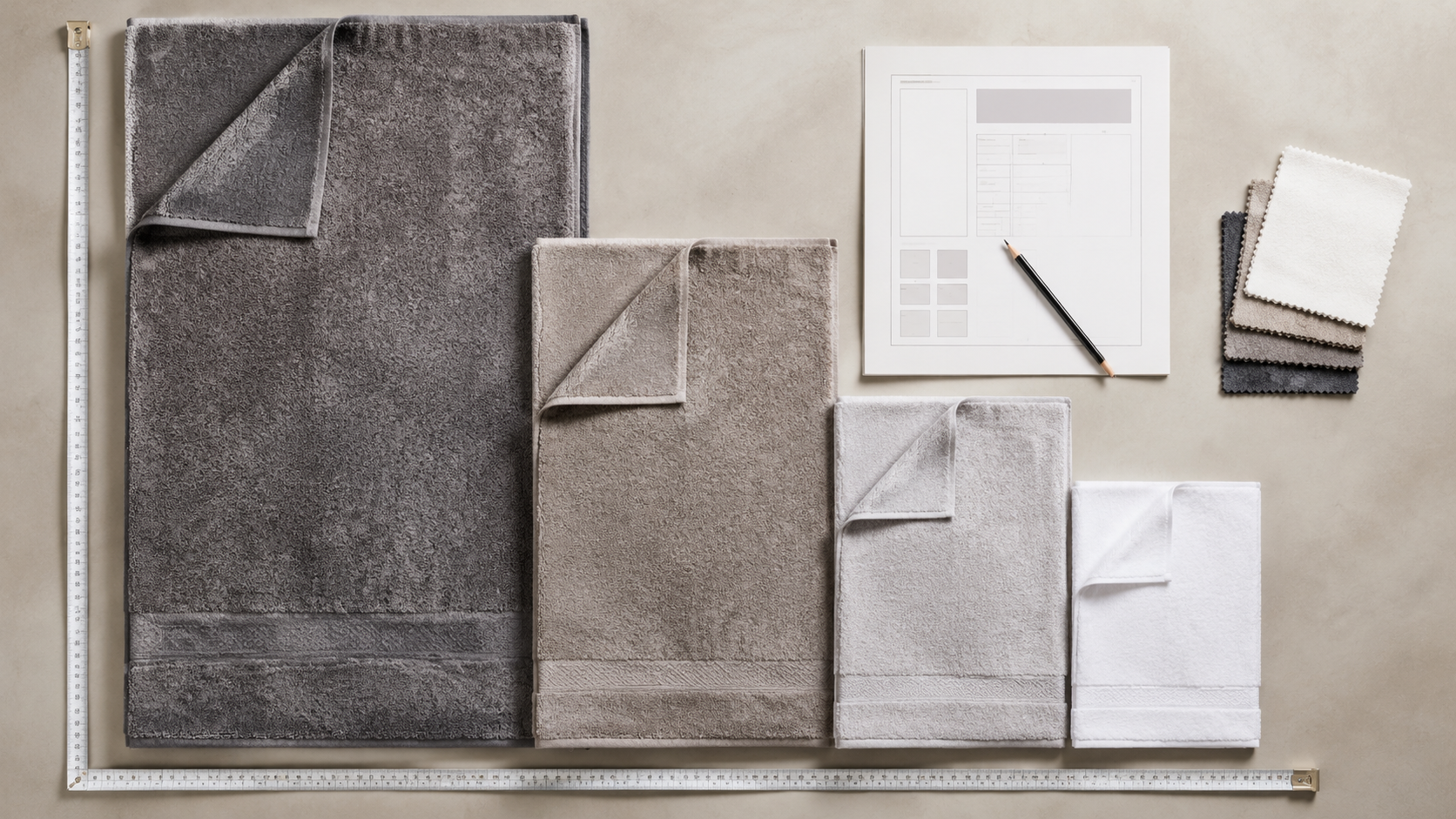 Measured towel size planning visual for bath towels, bath sheets, hand towels, and face towels