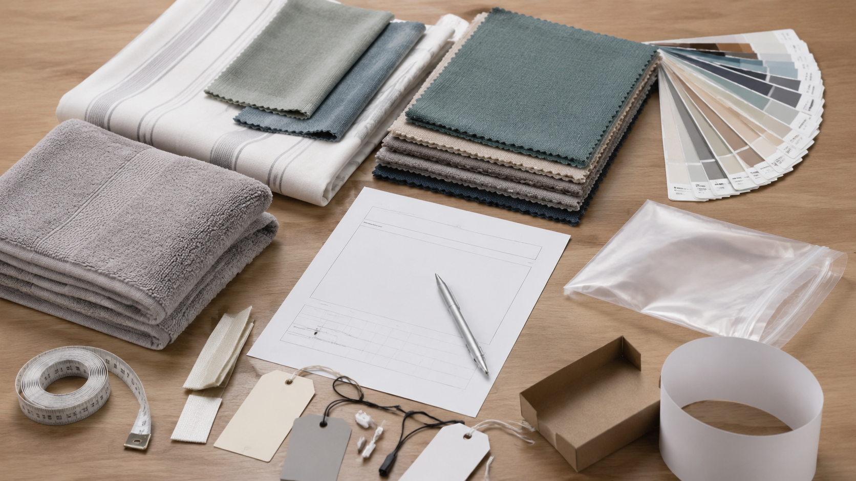 Home textile sample preparation desk with swatches, packaging, color cards, and measuring tape