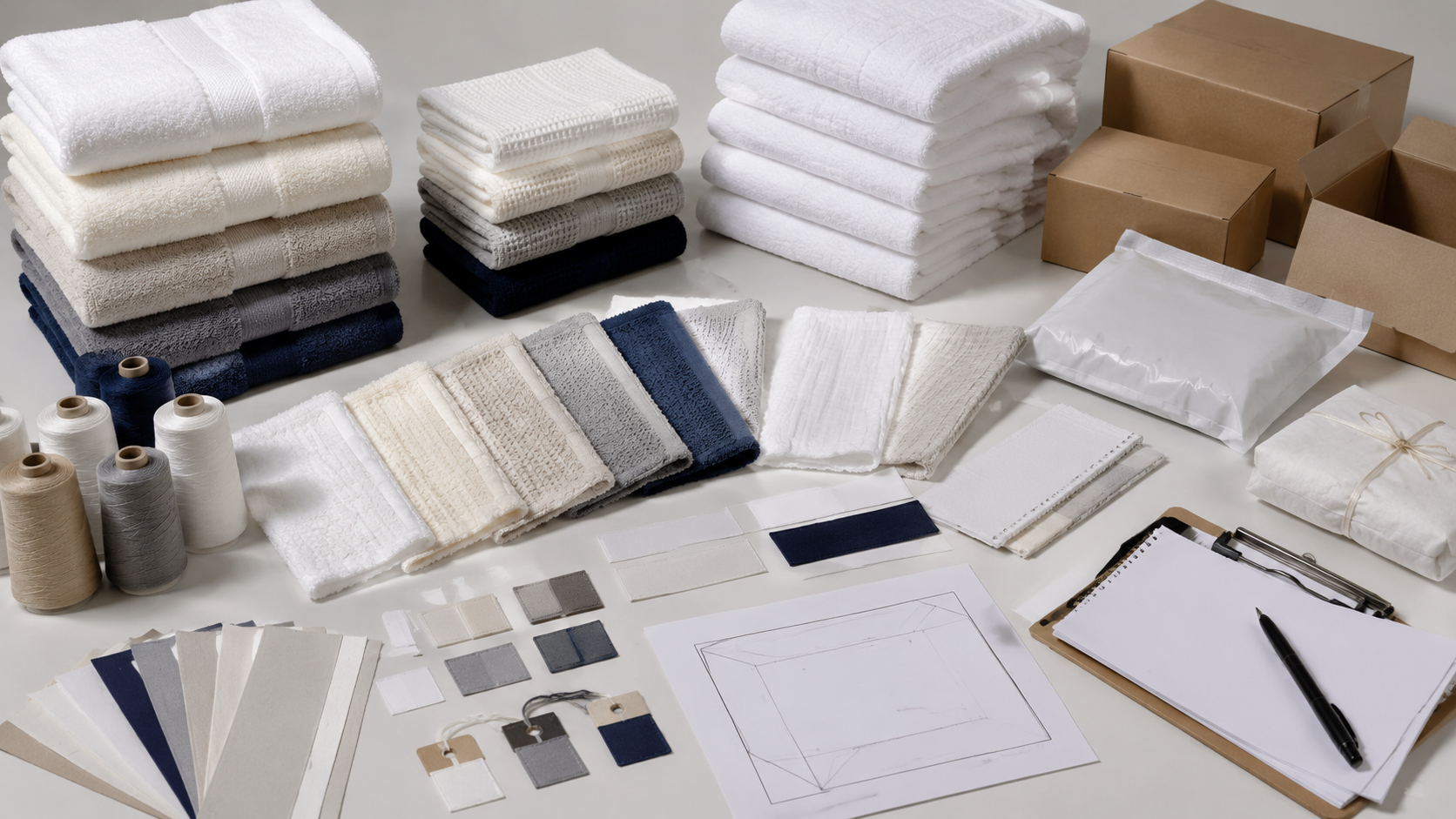 Wholesale towel pricing comparison desk with towel samples, GSM swatches, packaging mockups, labels, color cards, and blank RFQ sheets